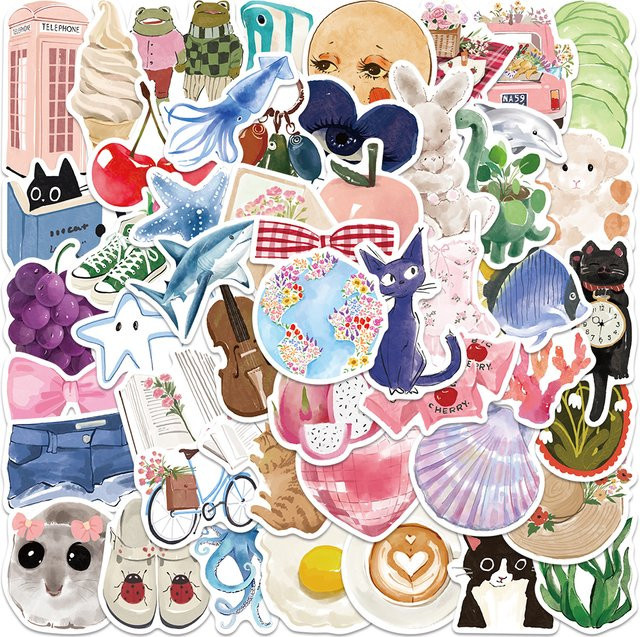 50 Stück PickJoy Y2K Aquarell Vintage Aufkleber in Multicolour für Scrapbooking, Laptop und Dekoration - Bild 1