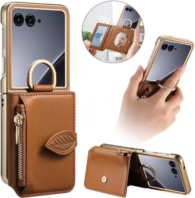 HQBBRO Leder Handyhülle mit Reißverschluss, Magnetischem Ringhalter, Spiegel und Kartenfächern für Motorola Razr 60 und Motorola Razr 50 Ultra, Farbe: Braun - Bild 1