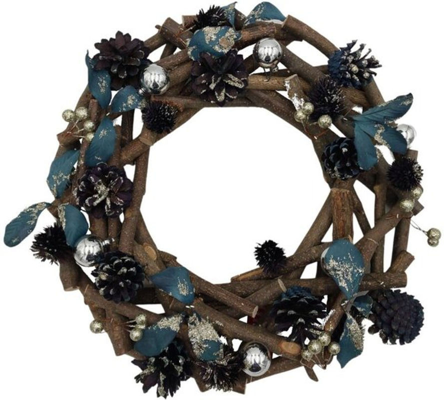 BURI Weihnachts-Dekokranz in Dunkelblau mit Tannenzapfen und Holz-Elementen, Durchmesser: 34 cm - Bild 1