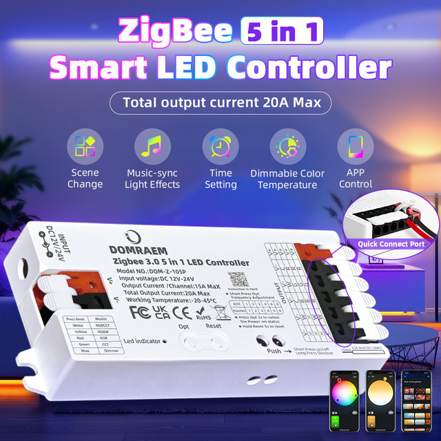 DOMRAEM Zigbee 3.0 5-in-1 LED-Streifen-Controller RGBCCT RGBW RGB CCT Dimmer mit App- und Sprachsteuerung für Tuya Smart Life und Alexa, DC12V-24V, Farbe: Weiß - Bild 1