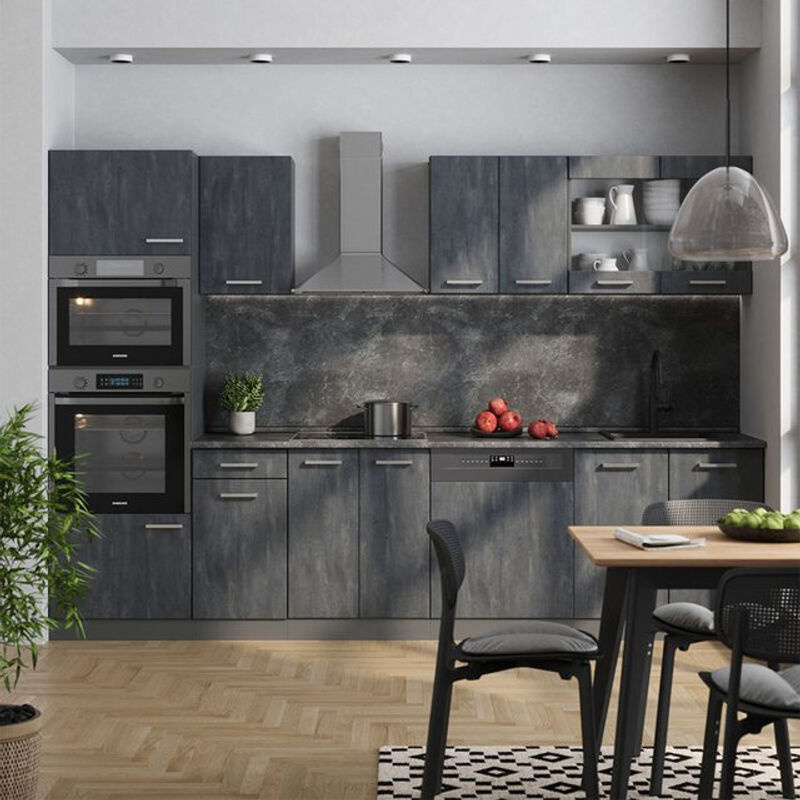 Vicco Küchenzeile R-Line in Schwarz Beton und Anthrazit mit weißer Arbeitsplatte in Marmor-Optik, Breite: 300 cm - Bild 2