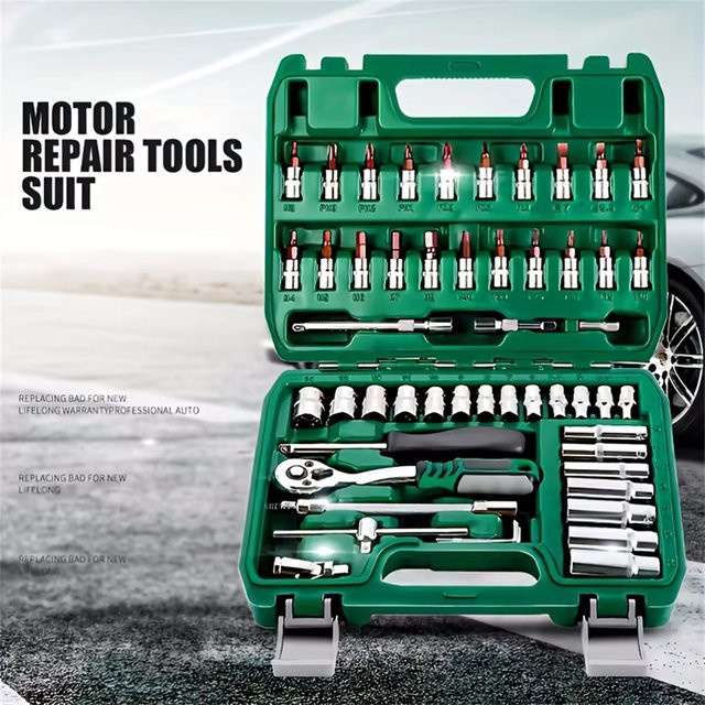 EQZ 46-teiliges Steckschlüssel-Set mit 1/4 Zoll Antrieb, metrischer Bit-Steckschlüsselsatz und Verlängerungsstange für die Autoreparatur - Bild 1