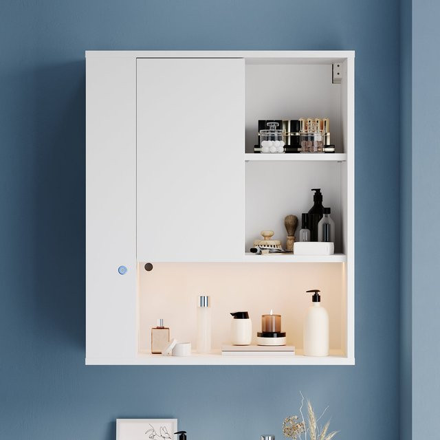 SONNI Wand-Badezimmerschrank mit LED-Sensor und offenen Fächern, Weiß, B/T/H: 60 x 23 x 70 cm - Bild 1