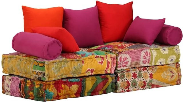 vidaXL Modularer 2-Sitzer Pouf Patchwork Stoff in Multicolour mit Schlaffunktion, B/T/H: 140 x 70 x 85 cm - Bild 1