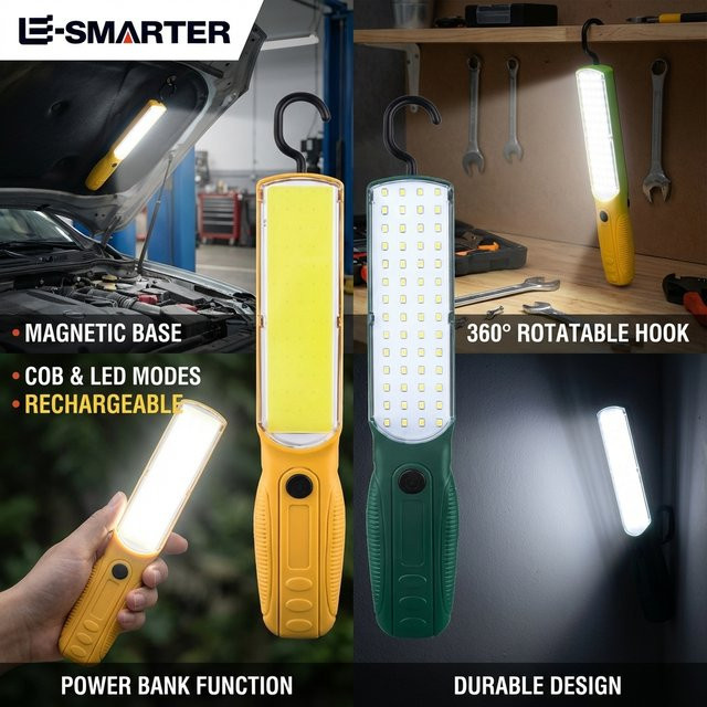 ESMARTER USB-aufladbare LED COB Arbeitsleuchte in Gelb mit Magnethaken und Flutlichtfunktion für Notfall und Arbeit - Bild 1