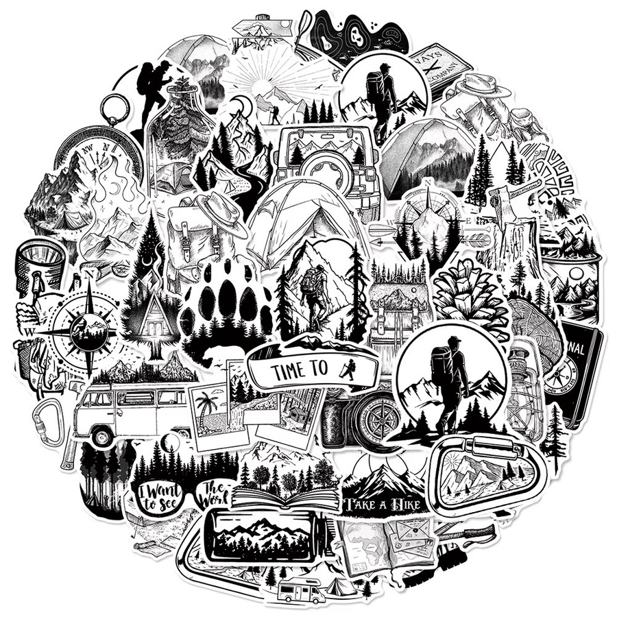 Set mit Aufklebern für Outdoor, Wandern und Camping in Schwarz und Weiß mit Naturmotiven und Graffiti-Design für Laptop, Telefon oder Gitarre - Bild 2