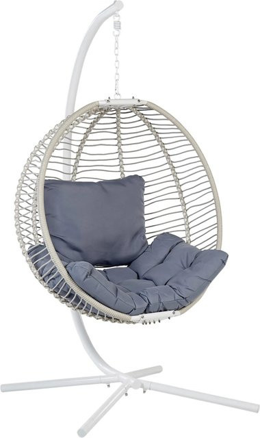Beliani Hängesessel Egg im Boho-Stil in Weiss und Grau mit Standgestell und Kissen, B/T/H: 98 x 100 x 197 cm - Bild 1