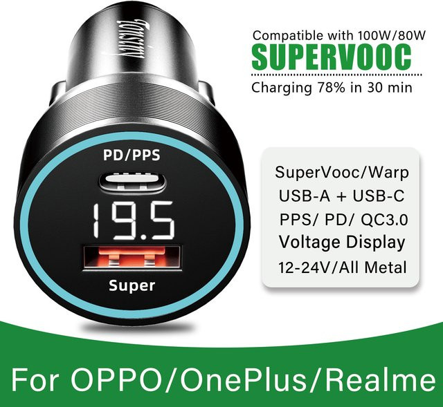 OPPO SuperVooc Autoladegerät 100W mit USB-C in Schwarz für Find X7 und Reno8 sowie Realme und OnePlus kompatibel - Bild 1