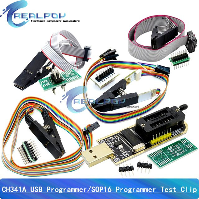 REALPOY CH341A USB-Programmiermodul für EEPROM Flash BIOS 24 25-Serie inklusive SOP16 SOIC16 Testclip in Grün - Bild 1