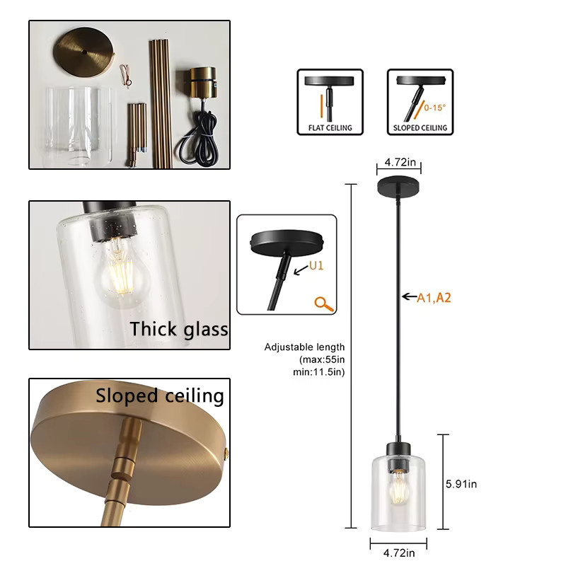 LINCCW Pendelleuchte im Industriestil mit transparentem Glas und Metall, höhenverstellbar für Küche, Esszimmer, Schlafzimmer oder Badezimmer - Bild 4