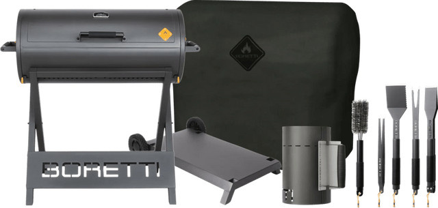 Boretti Barilo 2.0 Starterset mit Trolley in Schwarz aus Gusseisen inklusive Anzündkamin, Grillbesteckset, Edelstahlbürste und Abdeckung - Bild 1
