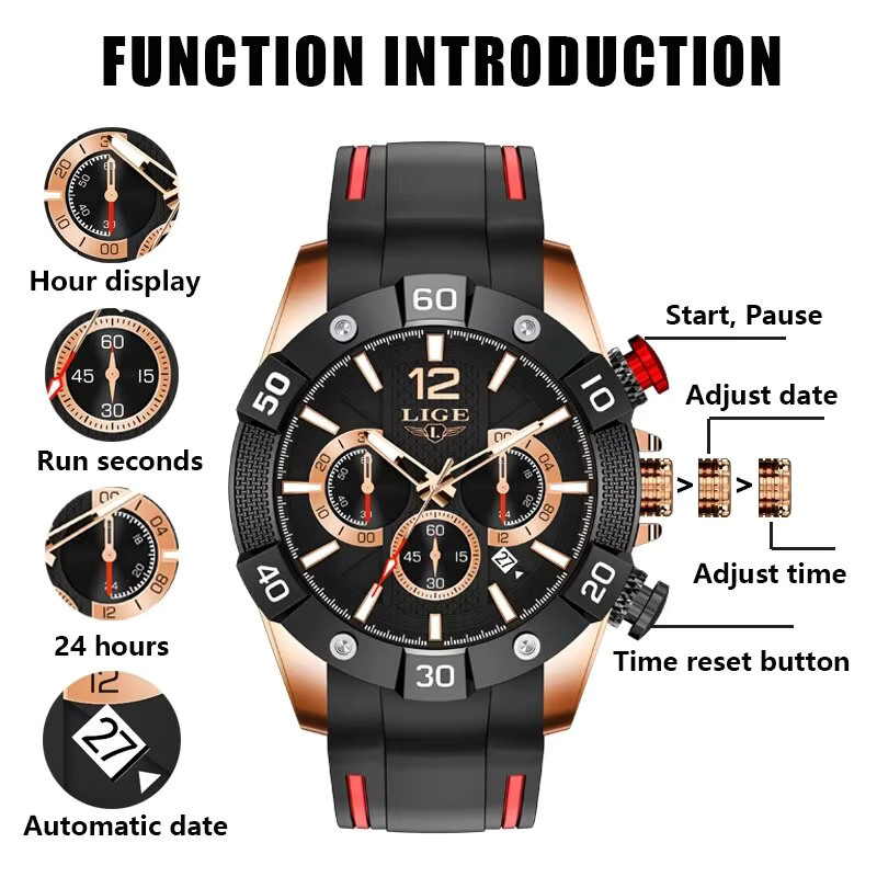 Lige Armbanduhr Chronograph, Quarz, Schwarz, Silikon, Herren - Bild 3