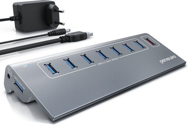 Primewire 8 Port USB 3.2 Gen.1 Hub mit Smart Charge Ladeport und Netzteil in Silber aus Aluminium für PC - Bild 1