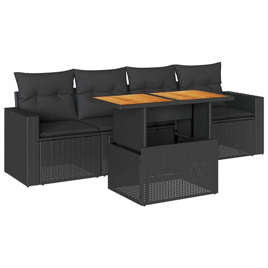 vidaXL 5-teilige Garten-Sofagarnitur aus Poly-Rattan und Akazienholz in Schwarz mit Kissen - Bild 2