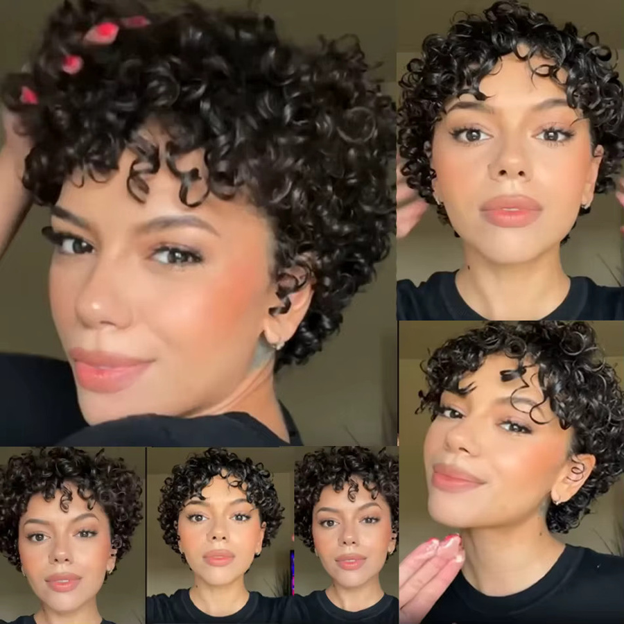 OYM HAIR Pixie-Perücke, Echthaar, Schwarz, Lockig, Damen - Bild 4