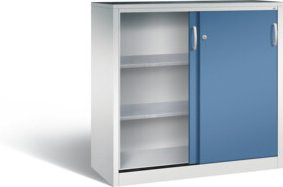 C+P Schiebetürenschrank Acurado aus Stahl mit 2 Einlegeböden und Schloss, Front Fernblau, Korpus Lichtgrau, H x B x T: 120 x 120 x 50 cm - Bild 1