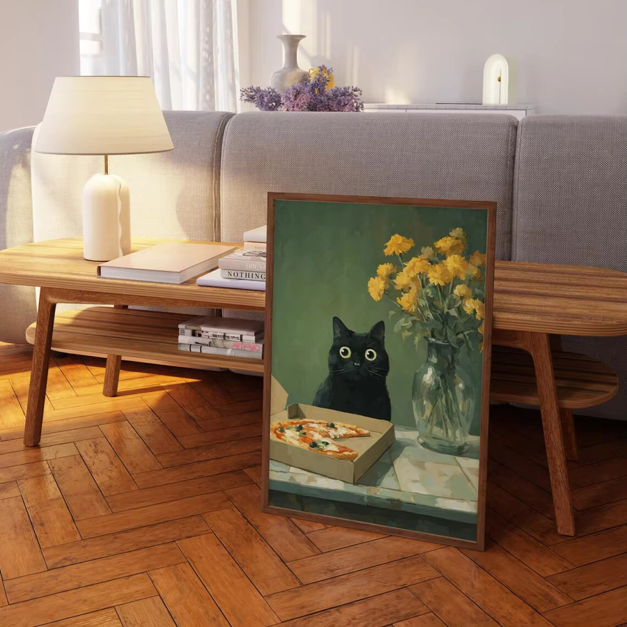 Wandkunst von SHENCHEN mit Katze und Pizza auf tiefgrünem Hintergrund und goldgelber Blume, rechteckiger Kunstdruck aus Papier in Grün und Gold - Bild 4