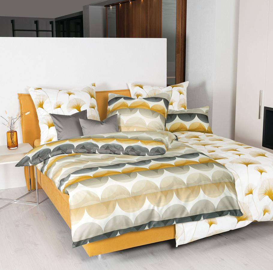 Janine Moments Mako-Satin Bettwäsche mit Wellen-Design in Sand, Grau und Gelb, B/H: 155 x 220 cm mit Kissenbezug 80 x 80 cm - Bild 1