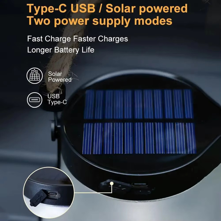 USB wiederaufladbare Campingleuchte mit Solar-Flammenlicht, 800 Lumen, IPX4 wasserdicht, schwarze Hängelaterne mit 1200 mAh Akku und warmweißem Licht - Bild 4