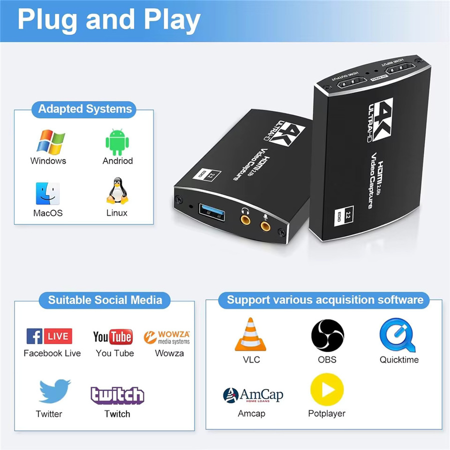 Navceker 4K UHD Video Capture Card mit HDMI Bypass, USB 3.0 Video Grabber für 1080P 60Hz Live-Streaming und Spielaufnahme, Schwarz - Bild 5