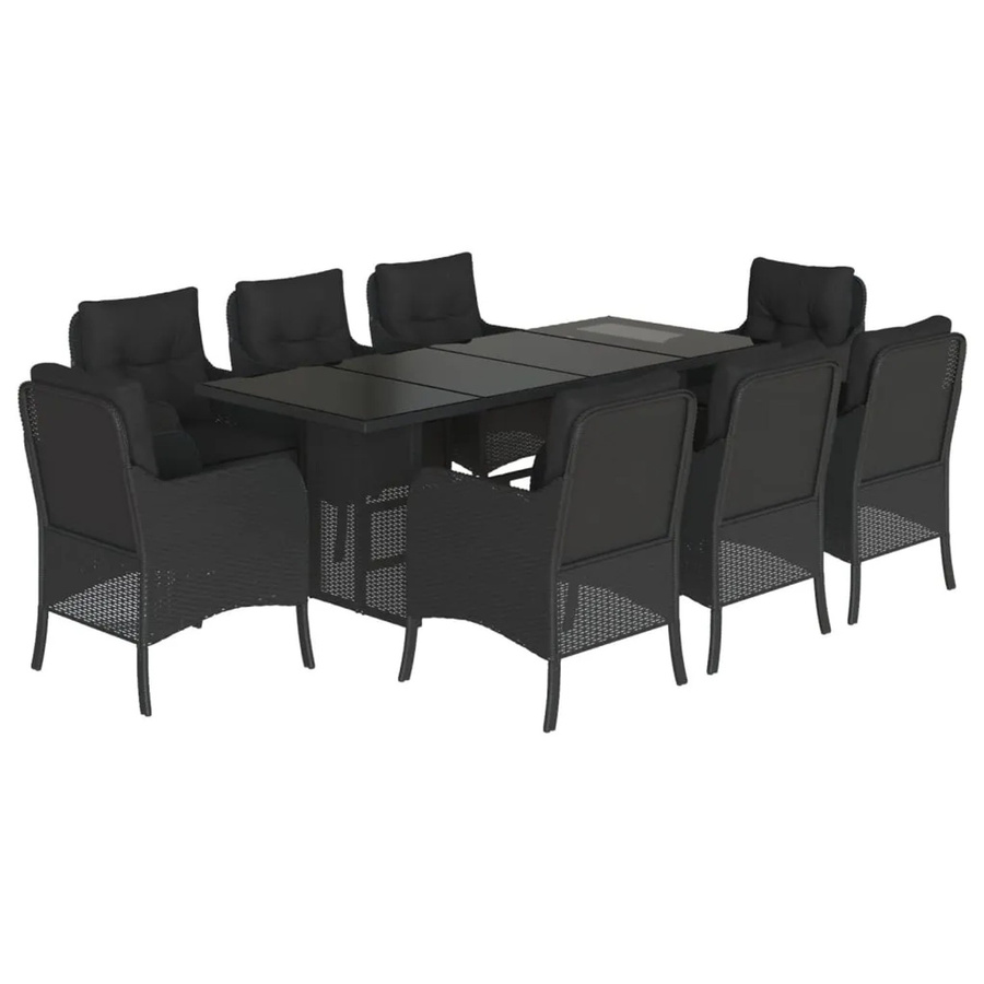 vidaXL 9-teilige Garten-Essgruppe aus Poly Rattan in Schwarz mit Kissen und Hartglas-Tischplatte - Bild 2