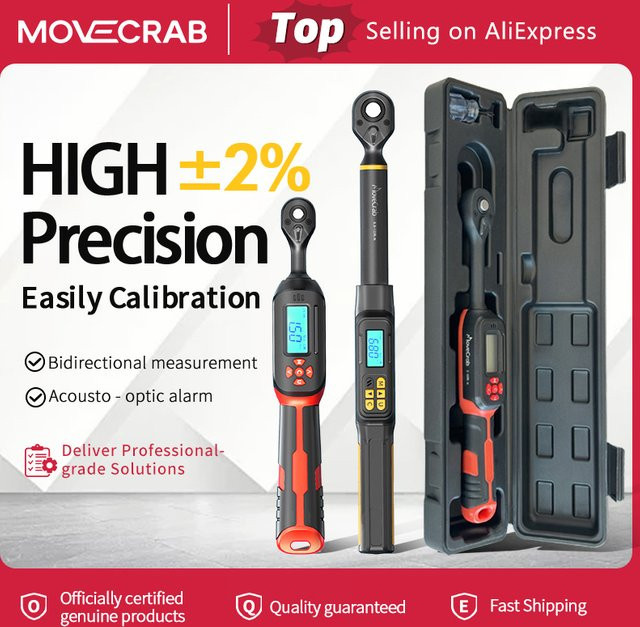 MOVECRAB Digitaler Drehmomentschlüssel Serie in Schwarz mit 1,5-340N.m, 2% Genauigkeit, LED-Blitz und Vibrationsalarm - Bild 1