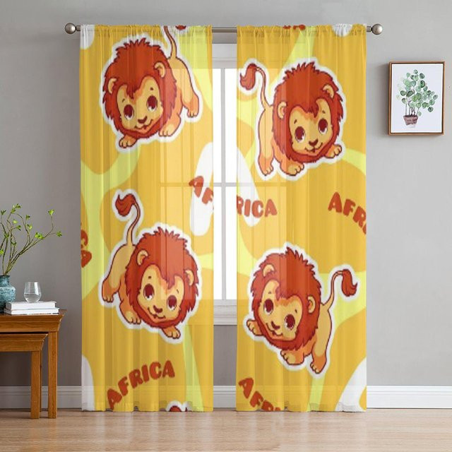 Super Six Löwe Cartoon Tüll Vorhänge aus Chiffon in Gelb, 2er-Set, Breite: 135 cm, Höhe: 183 cm - Bild 1