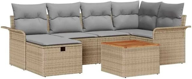 vidaXL Garten-Sofa-Set aus Polyrattan und Akazienholz in Beige mit 7 Teilen, L-Form mit Kissen und integriertem Stauraum - Bild 1