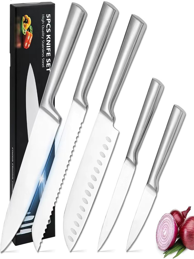 MDHAND 5-teiliges Küchenmesser-Set aus Edelstahl in Schwarz und Silber mit Kochmesser, Brotmesser, Pflegemesser und Allzweckmesser, ultrascharf und antihaftbeschichtet - Bild 5