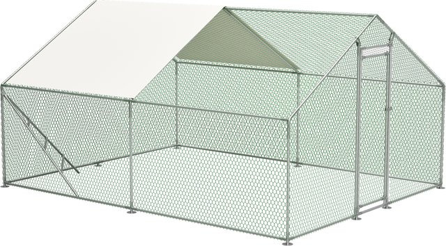 GIHAUVIA Allwetter-Hühnerstall aus Metall mit Klettergerüst und überdachtem Auslauf, Farbe: Grün/Silber, B/T/H: 400 x 303 x 200 cm - Bild 1