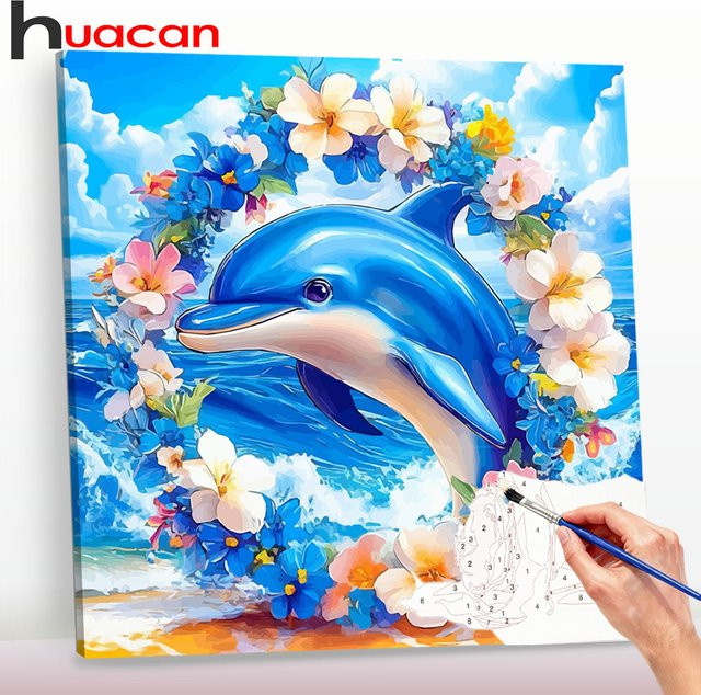 Huacan DIY Malen nach Zahlen Set Delphin-Girlande mit Acrylfarben auf Leinwand - Bild 1