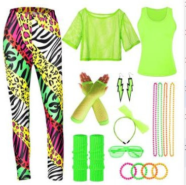 80er Jahre Kostüm Set Damen, Neon Netz-T-Shirt, Beinstulpen, Handschuhe, Ohrringe, Halskette, Bauchtasche, XL - Bild 1
