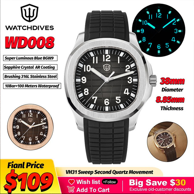 Watchdives Taucharmbanduhr, Quarz, 38 mm, Schwarz, Saphirglas, 10 Bar, Unisex - Bild 1