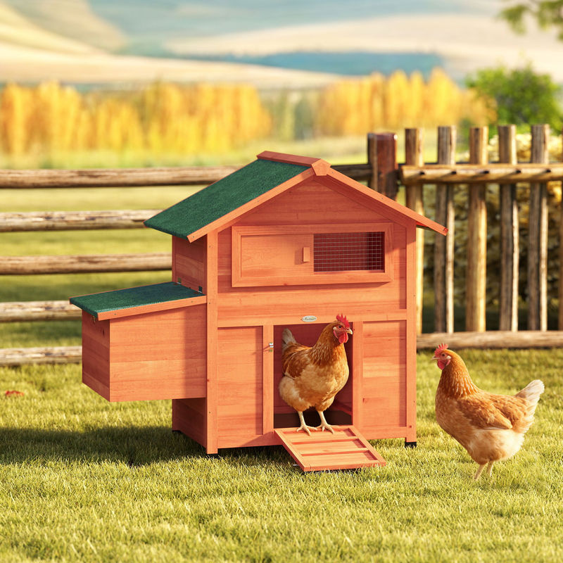 PawHut Hühnerstall aus Holz in Orange mit Nistkasten, 2 Sitzstangen, Rampe und herausziehbarem Tablett, H/B/T: 95,5 x 113,5 x 67,5 cm - Bild 2