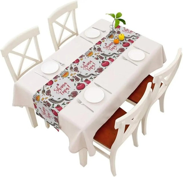 JMG Household Supplies Tischläufer aus Leinen für Rosh Hashanah in Grau mit Granatapfel, Honig und Schofar-Motiv, B/H: 150 x 33 cm - Bild 1