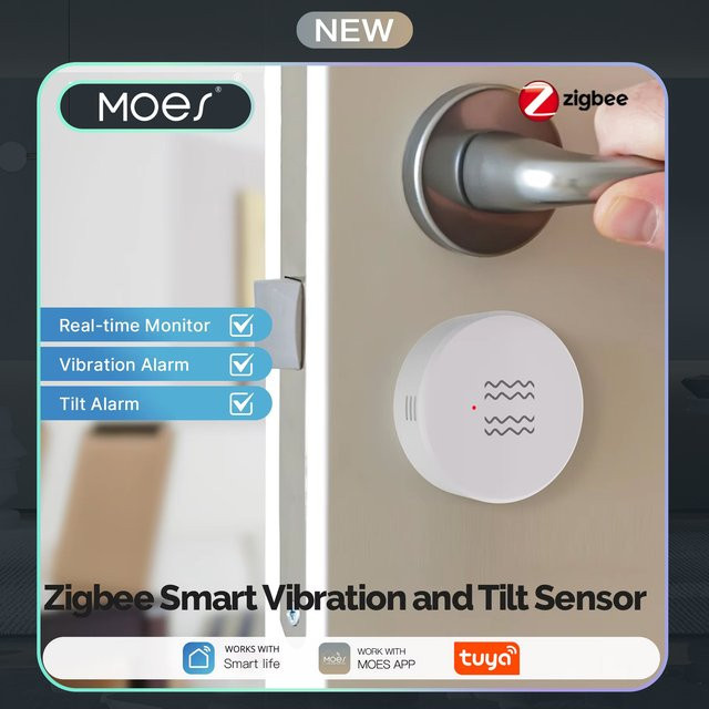MOES Zigbee-Vibrationssensor in Weiß, intelligenter Neigungs- und Bewegungsmelder für Tür- und Fensteralarm mit 3-Achsen-Überwachung in Echtzeit, kompatibel mit Tuya - Bild 1