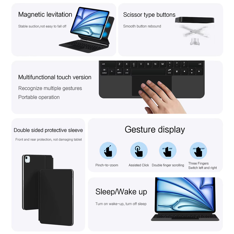 AJIUYU Magnetische Magic Keyboard Hülle für iPad Air 13 Zoll M4 M3 M2 und iPad Pro 12,9 Zoll 3. bis 6. Generation mit Touchpad und beleuchteter Tastatur, Schwarz - Bild 3