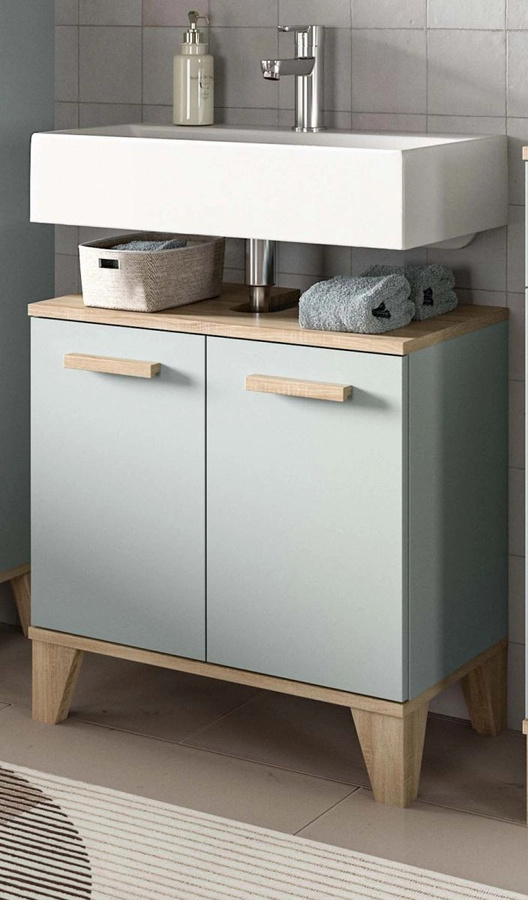 Waschbeckenunterschrank Luna in Grün und Eiche mit Schranktüren und Regalfächern, B/T/H: 60 x 34 x 61 cm - Bild 1