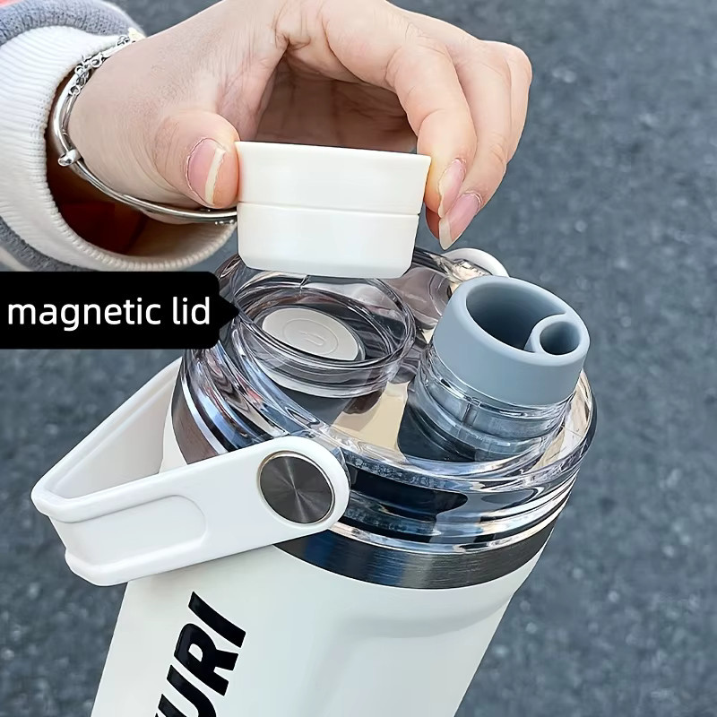 VRIUKNT Isolierte Wasserflasche mit Magnetdeckel und Griff in Braun und Weiß, 800 ml - Bild 1