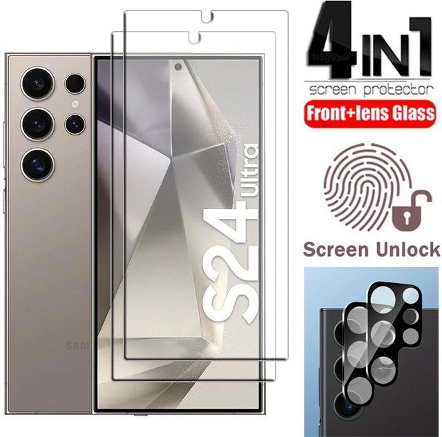 4in1 Displayschutz-Set für Samsung Galaxy S24 S23 S22 5G: 2x Panzerglas-Displayschutzfolien mit Fingerabdruck-ID-Entsperrung und 2x Linsenschutz aus gehärtetem Glas, transparent - Bild 1