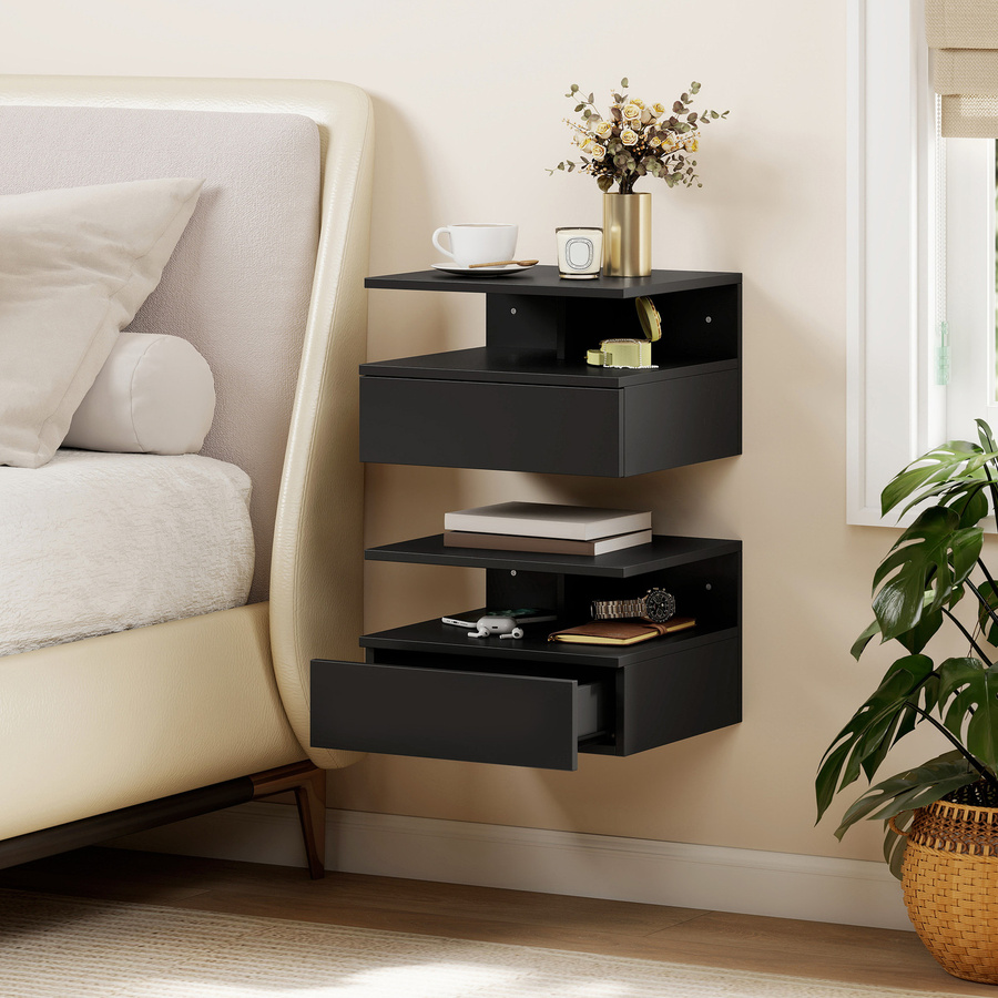 Aosom Set mit 2 schwebenden Nachttischen mit Schublade, modern, Schwarz, B/T/H: 35 x 32 x 22,5 cm - Bild 2