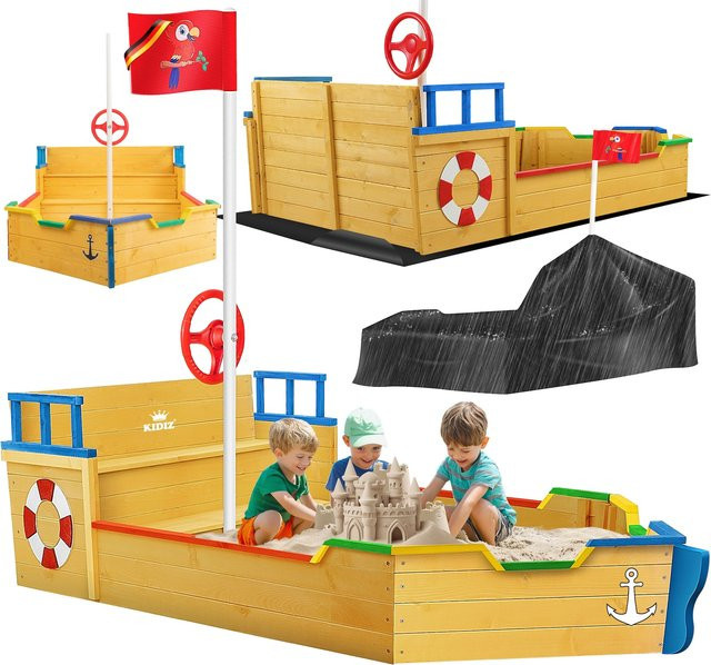 KIDIZ Sandkasten Ahoi Piratenschiff aus Holz inklusive Abdeckung, Bodenplane, Sitzbank und Sandspielzeug - Bild 1