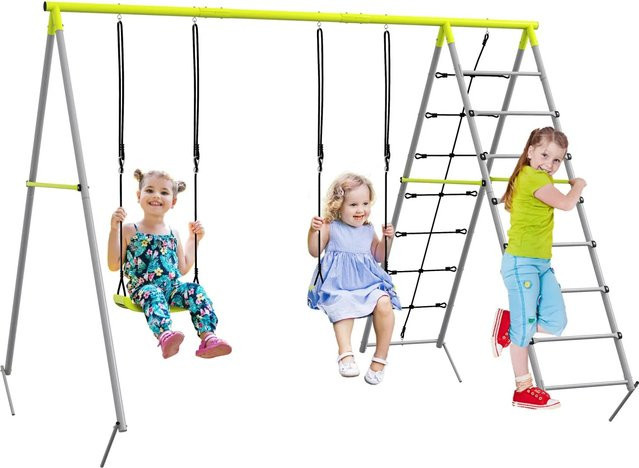 Outsunny Kinderschaukel-Set mit Doppelschaukel, Kletternetz und Sprossenleiter in Grün, B/H/L: 185 x 260 x 180 cm - Bild 1