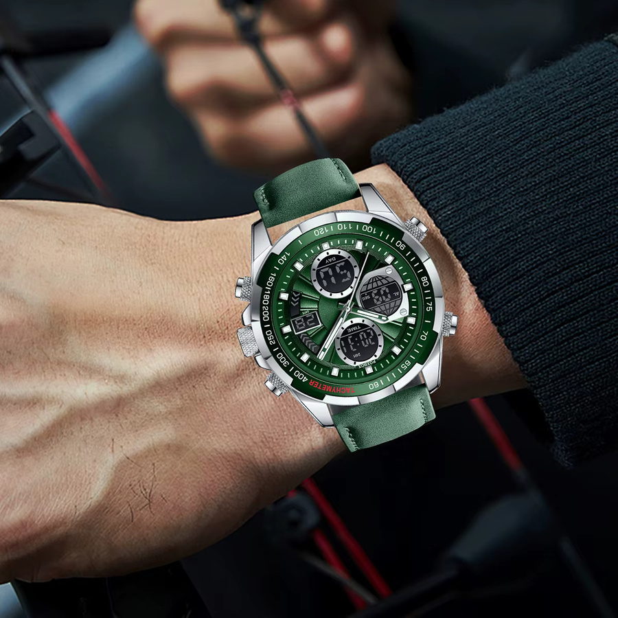 LIGE Armbanduhr Chronograph, Digitaluhr, Quarz, Leder, Herren - Bild 4