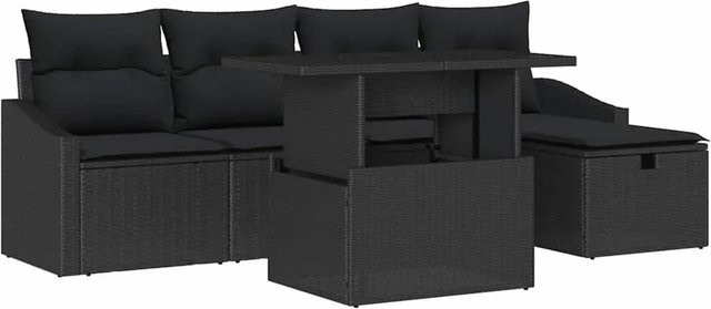 vidaXL Garten-Sofa-Set aus Poly Rattan mit Kissen, 6-teilig, Schwarz, B/T/H: 150 x 73 x 55 cm, 150 x 55 x 73 cm - Bild 1