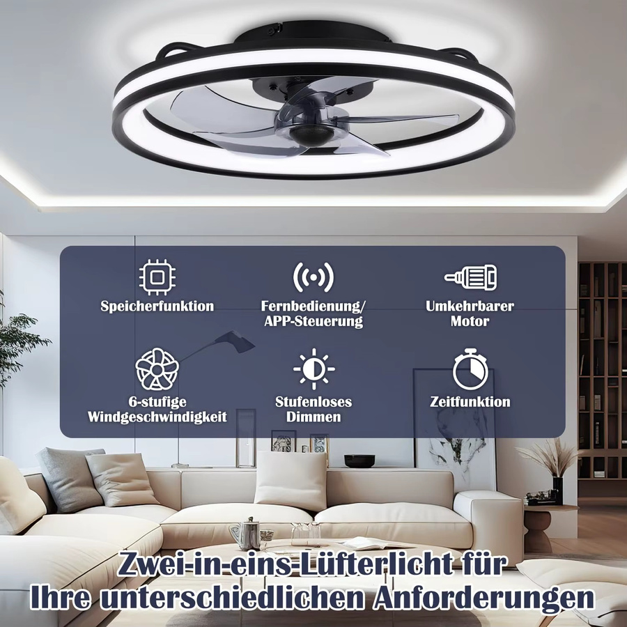 Tetipa Deckenventilator mit LED-Beleuchtung und Fernbedienung in Schwarz, Smart Home Integration, 3 Farbtemperatur-Einstellungen und Timer, Durchmesser: 50 cm - Bild 2