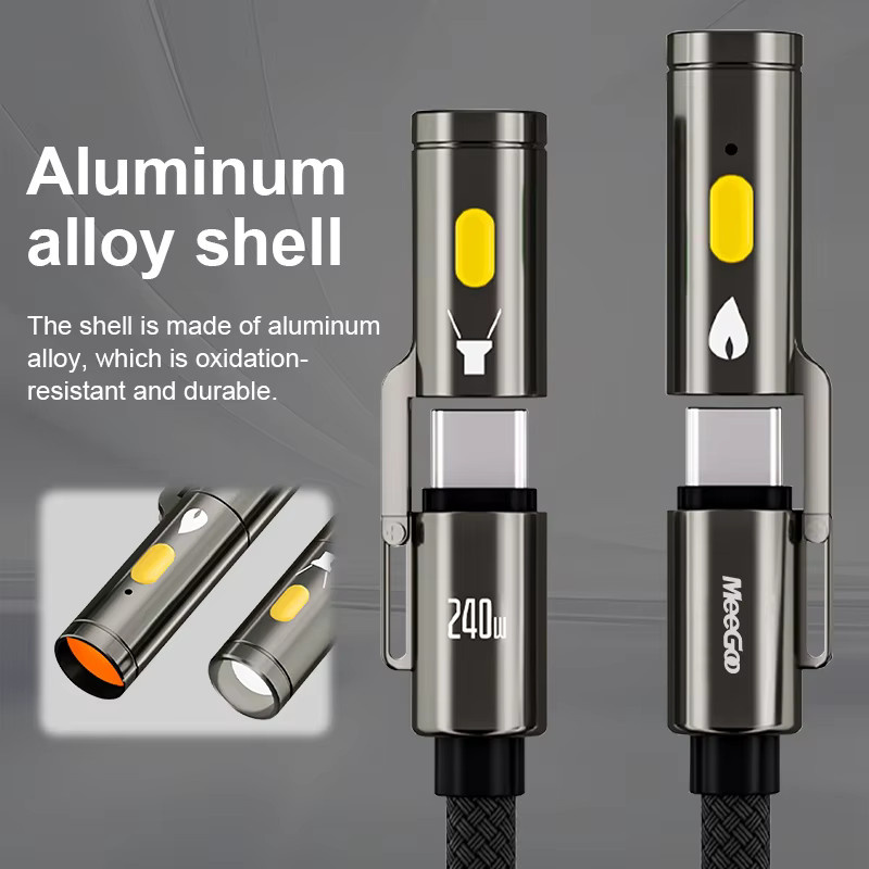 MeeGoo USB-C auf USB-C Schnelllade-Datenkabel mit 240 W PD-Leistung und LED-Taschenlampe, Schwarz - Bild 2