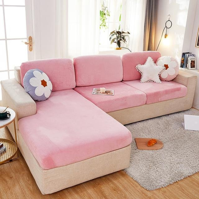 Elastischer Samt-Sofa-Kissenbezug für Ecksofas in Rosa, verdickter Polsterbezug aus Fleece und Polyester - Bild 1