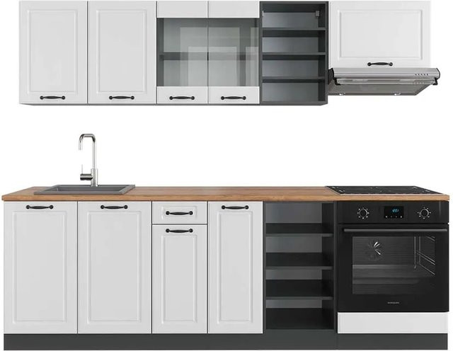 Vicco R-Line Küchenzeile Landhaus Stil in Weiß und Anthrazit mit Eiche Elementen, Breite: 240 cm - Bild 1