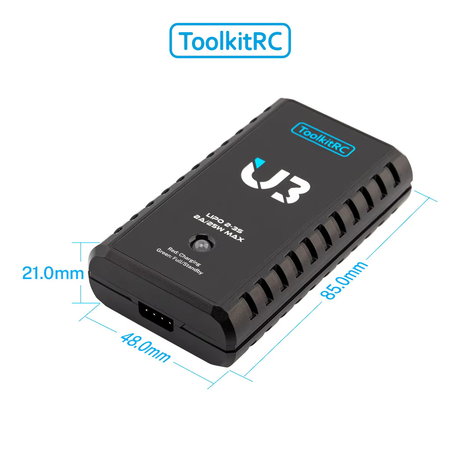 Toolkitrc U3 USB-C Akku-Ladegerät für 2-3S LiPo und 4-8S NiMH Batterien, 2A 25W mit Balance Port, Schwarz - Bild 2